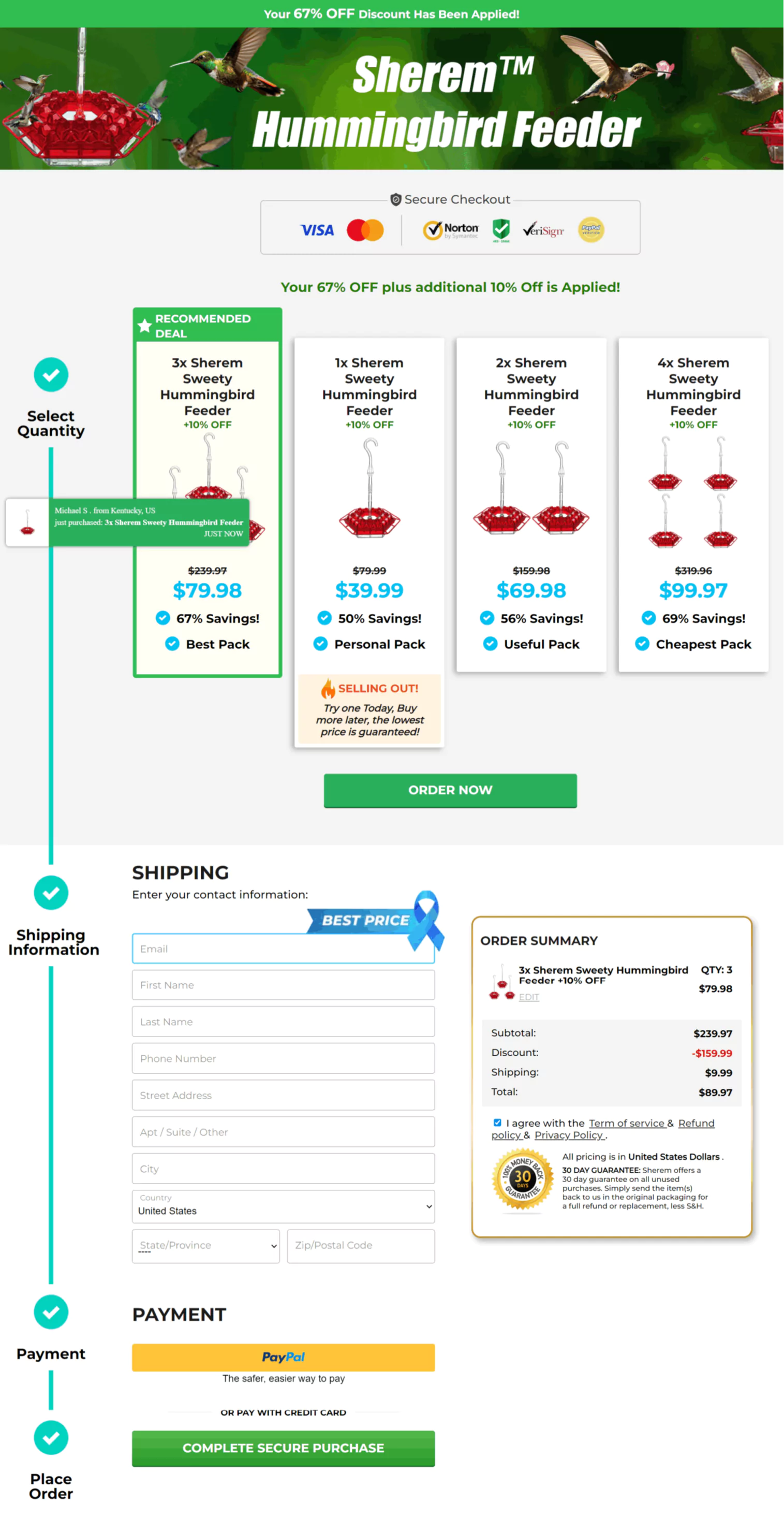 Sherem Hummingbird Feeder checkout page